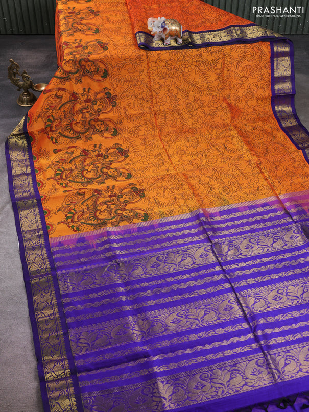 Silk cotton saree orange and dark blue with allover kalamkari prints and korvai zari woven border