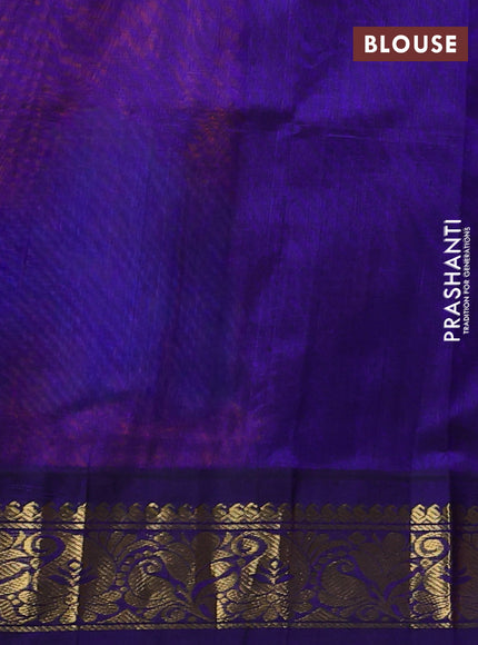 Silk cotton saree orange and dark blue with allover kalamkari prints and korvai zari woven border