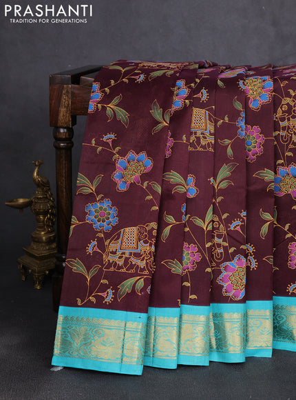 Silk cotton saree coffee brown and teal green with allover kalamkari prints and korvai zari woven border