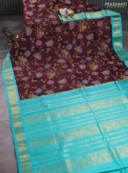 Silk cotton saree coffee brown and teal green with allover kalamkari prints and korvai zari woven border