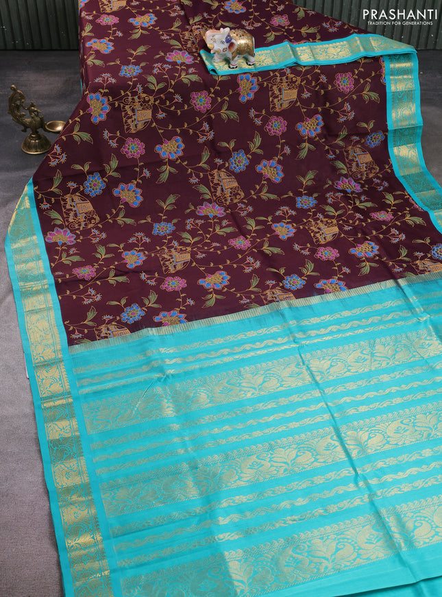 Silk cotton saree coffee brown and teal green with allover kalamkari prints and korvai zari woven border