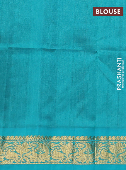 Silk cotton saree coffee brown and teal green with allover kalamkari prints and korvai zari woven border