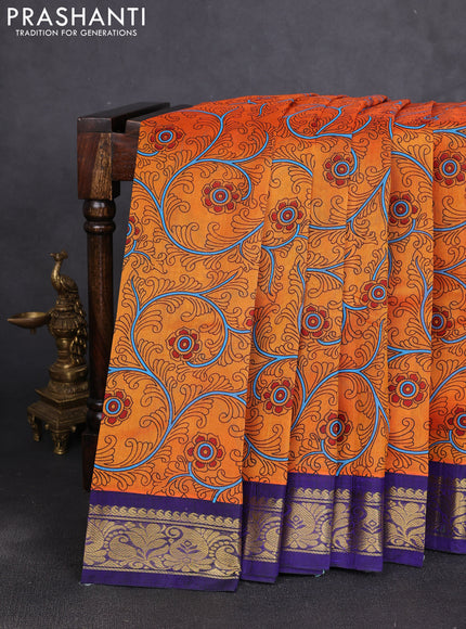 Silk cotton saree orange and dark blue with allover kalamkari prints and korvai zari woven border