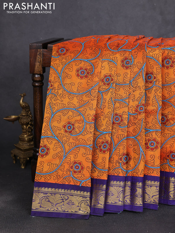 Silk cotton saree orange and dark blue with allover kalamkari prints and korvai zari woven border