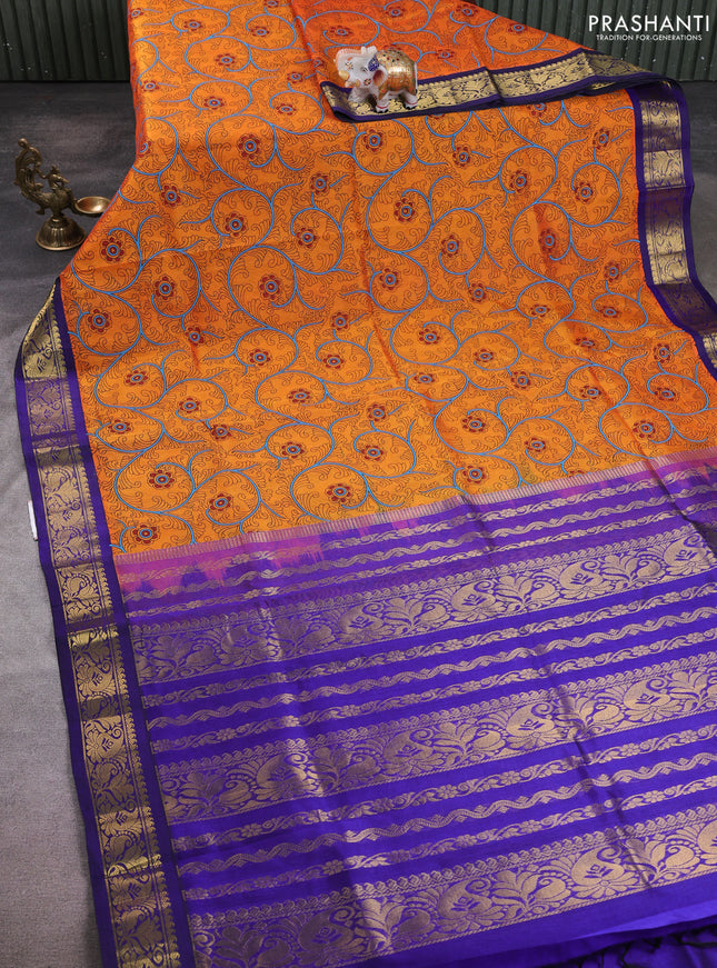 Silk cotton saree orange and dark blue with allover kalamkari prints and korvai zari woven border