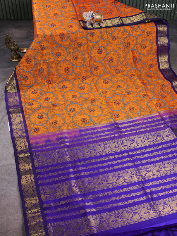 Silk cotton saree orange and dark blue with allover kalamkari prints and korvai zari woven border