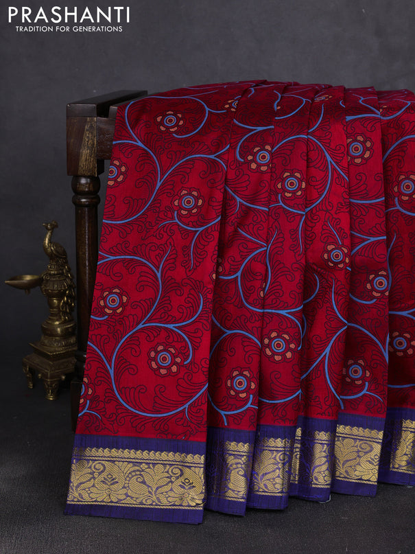 Silk cotton saree red and dark blue with allover kalamkari prints and korvai zari woven border