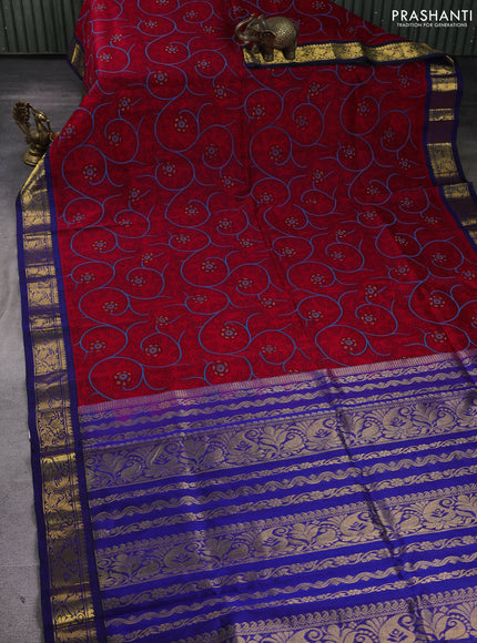 Silk cotton saree red and dark blue with allover kalamkari prints and korvai zari woven border