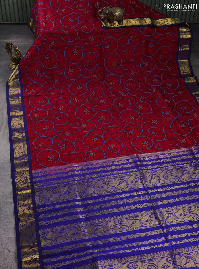 Silk cotton saree red and dark blue with allover kalamkari prints and korvai zari woven border