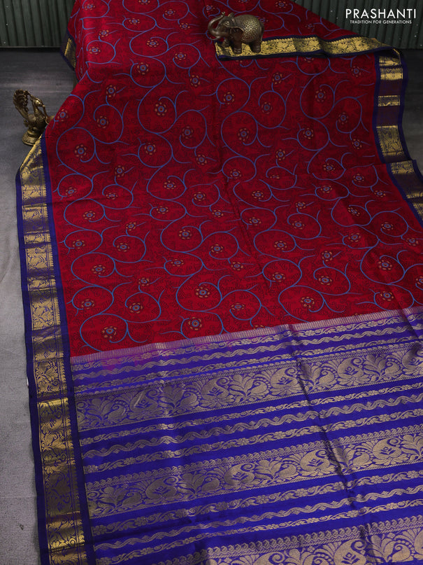 Silk cotton saree red and dark blue with allover kalamkari prints and korvai zari woven border