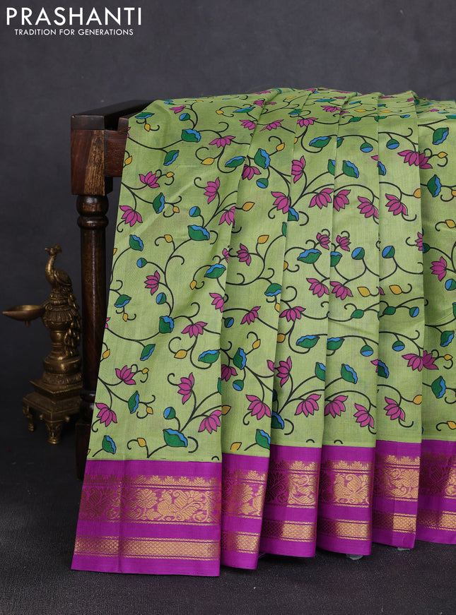 Silk cotton saree pista green and purple with allover kalamkari prints and korvai zari woven border