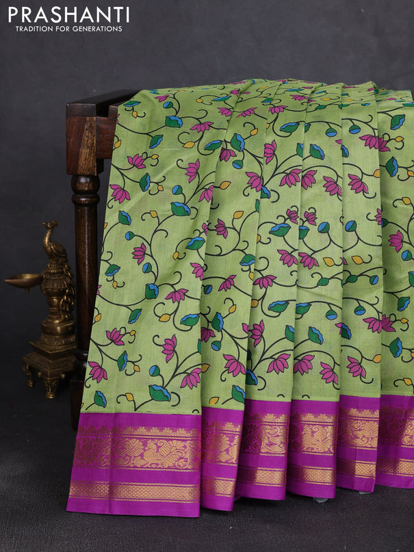 Silk cotton saree pista green and purple with allover kalamkari prints and korvai zari woven border
