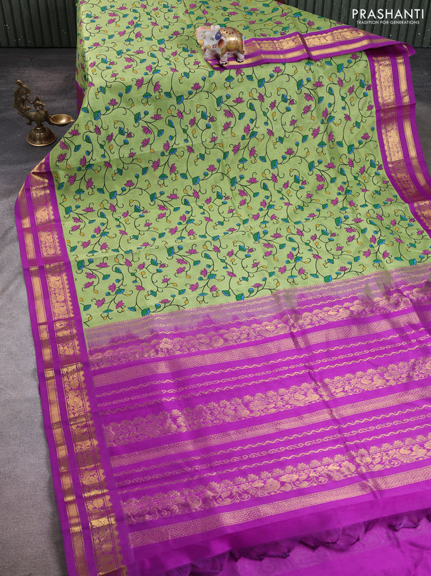 Silk cotton saree pista green and purple with allover kalamkari prints and korvai zari woven border