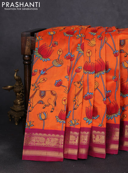 Silk cotton saree orange and magenta pink with allover kalamkari prints and korvai zari woven border