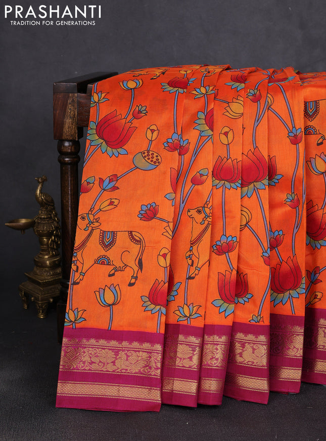 Silk cotton saree orange and magenta pink with allover kalamkari prints and korvai zari woven border