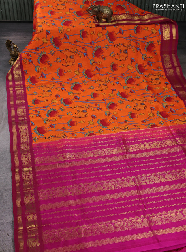 Silk cotton saree orange and magenta pink with allover kalamkari prints and korvai zari woven border