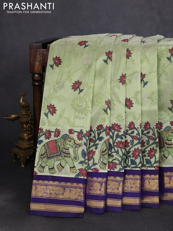 Silk cotton saree pista green and navy blue with allover kalamkari prints and korvai zari woven border