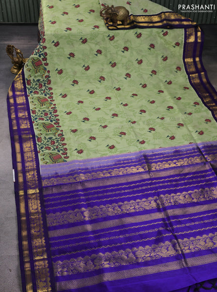 Silk cotton saree pista green and navy blue with allover kalamkari prints and korvai zari woven border