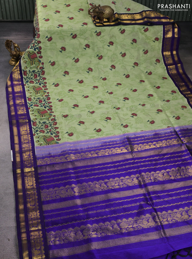 Silk cotton saree pista green and navy blue with allover kalamkari prints and korvai zari woven border