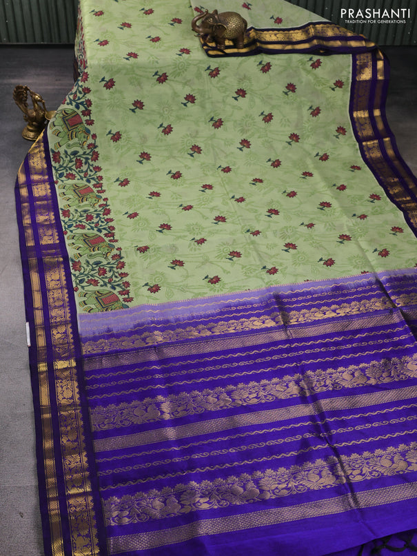Silk cotton saree pista green and navy blue with allover kalamkari prints and korvai zari woven border