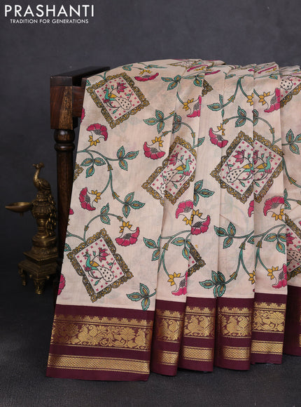 Silk cotton saree beige and coffee brown with allover kalamkari prints and korvai zari woven border