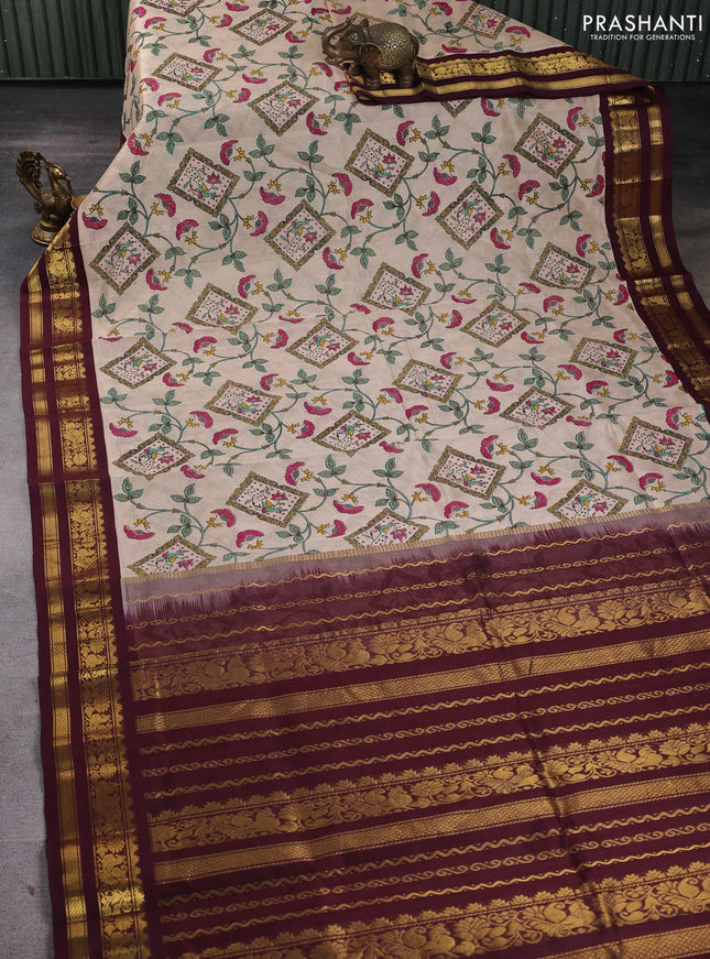 Silk cotton saree beige and coffee brown with allover kalamkari prints and korvai zari woven border