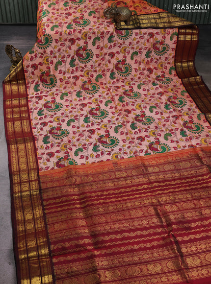 Silk cotton saree peach orange and deep maroon with allover kalamkari prints and korvai zari woven border