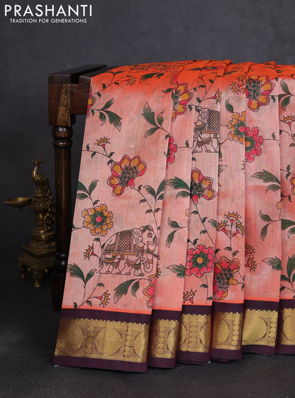 Silk cotton saree peach orange and deep wine with allover kalamkari prints and korvai zari woven border