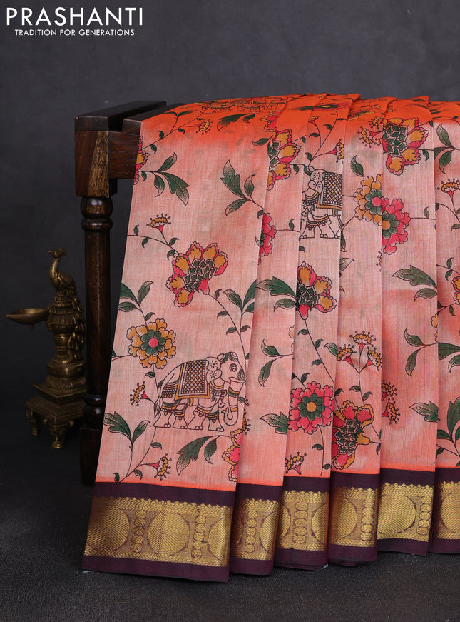 Silk cotton saree peach orange and deep wine with allover kalamkari prints and korvai zari woven border