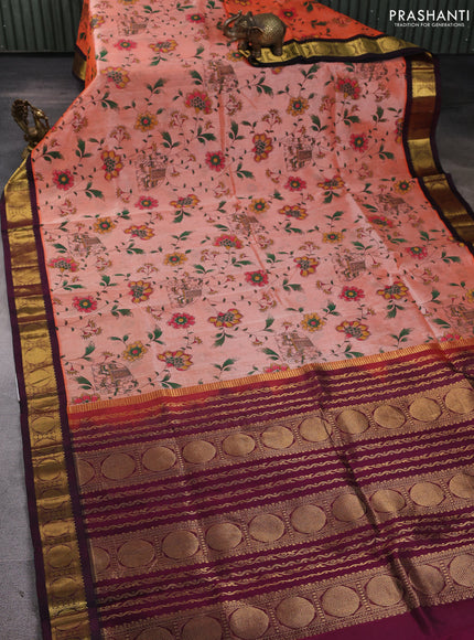 Silk cotton saree peach orange and deep wine with allover kalamkari prints and korvai zari woven border