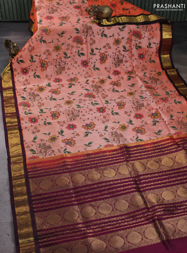Silk cotton saree peach orange and deep wine with allover kalamkari prints and korvai zari woven border