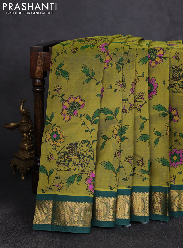 Silk cotton saree mehendi green and bottle green with allover kalamkari prints and korvai zari woven border