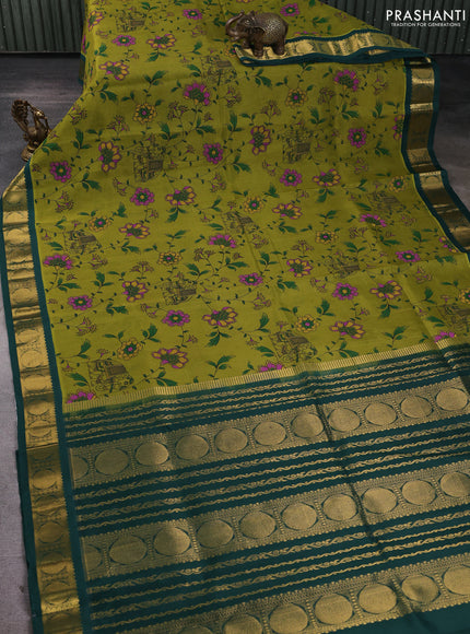 Silk cotton saree mehendi green and bottle green with allover kalamkari prints and korvai zari woven border