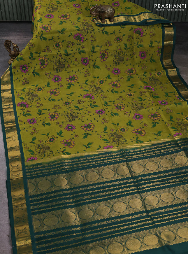 Silk cotton saree mehendi green and bottle green with allover kalamkari prints and korvai zari woven border