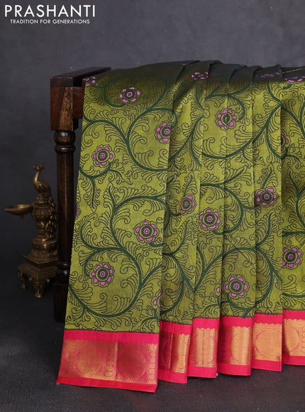 Silk cotton saree mehendi green and pink with allover kalamkari prints and korvai zari woven border