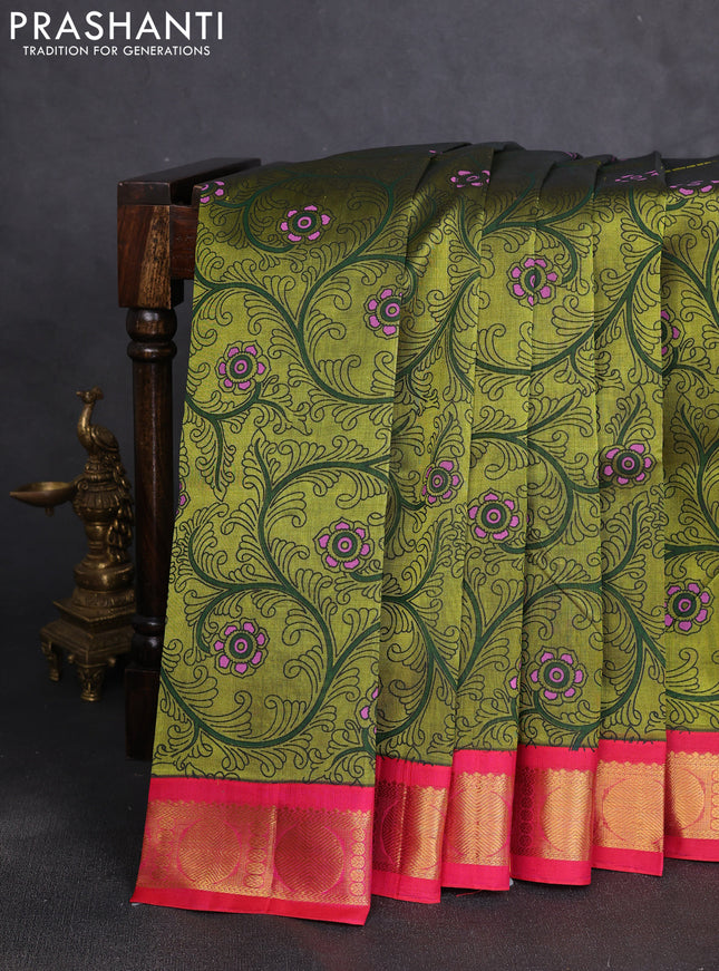 Silk cotton saree mehendi green and pink with allover kalamkari prints and korvai zari woven border