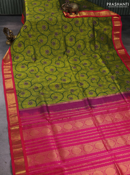 Silk cotton saree mehendi green and pink with allover kalamkari prints and korvai zari woven border