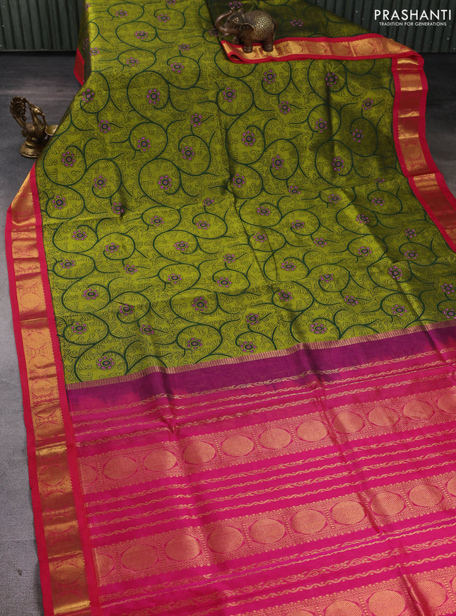 Silk cotton saree mehendi green and pink with allover kalamkari prints and korvai zari woven border