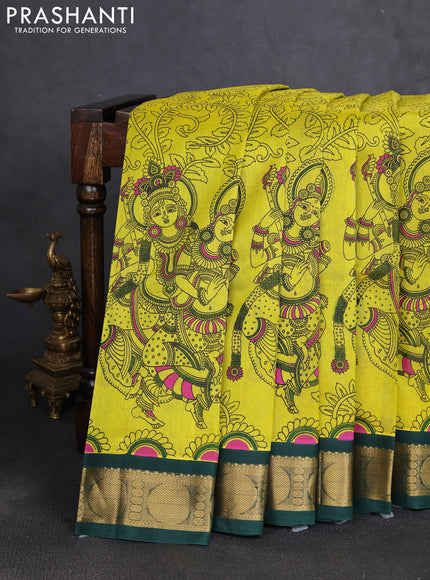Silk cotton saree fluorescent green and bottle green with allover kalamkari prints and korvai zari woven border