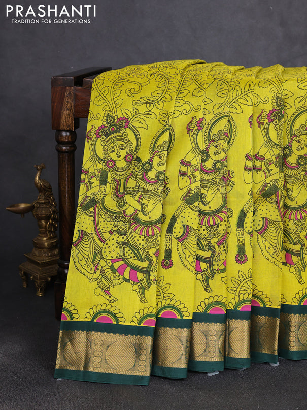 Silk cotton saree fluorescent green and bottle green with allover kalamkari prints and korvai zari woven border