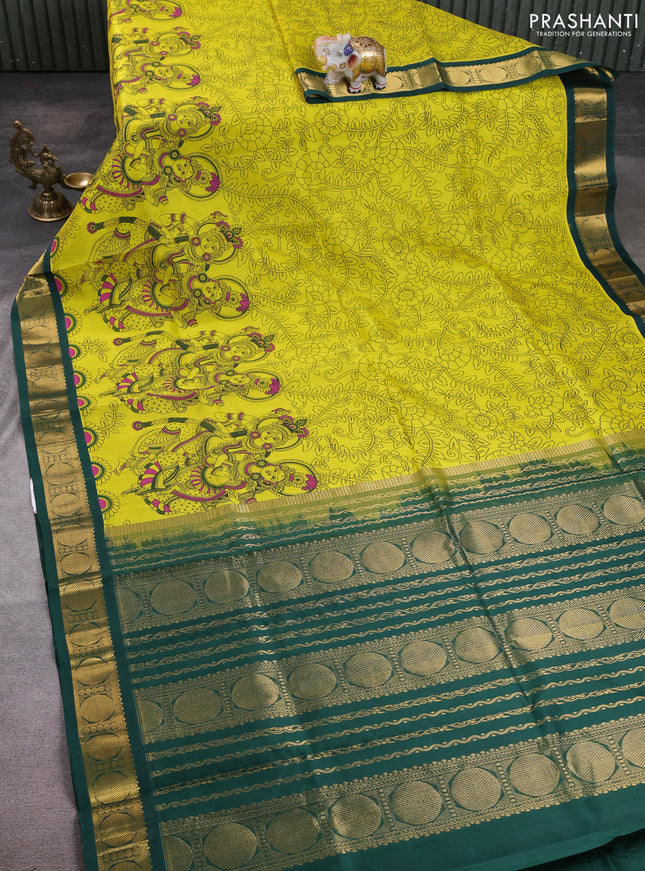 Silk cotton saree fluorescent green and bottle green with allover kalamkari prints and korvai zari woven border