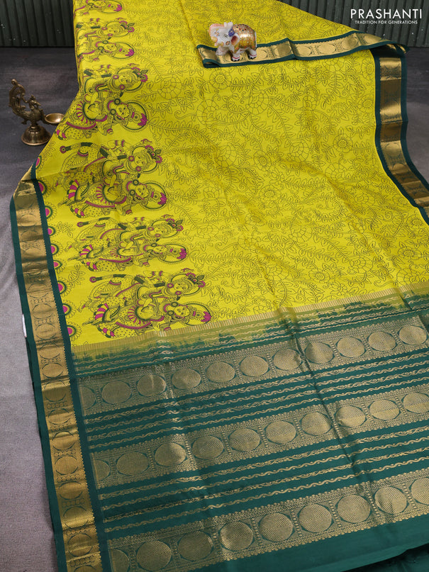 Silk cotton saree fluorescent green and bottle green with allover kalamkari prints and korvai zari woven border