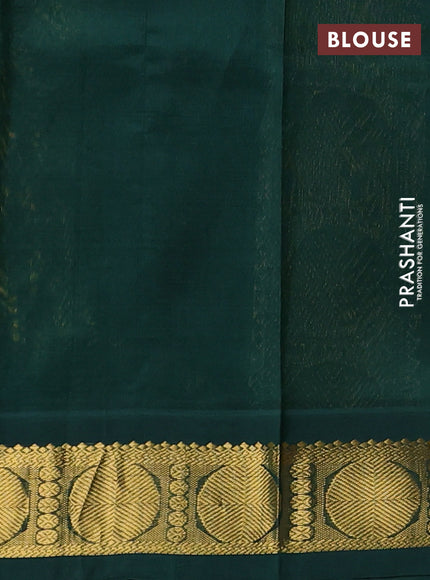 Silk cotton saree fluorescent green and bottle green with allover kalamkari prints and korvai zari woven border