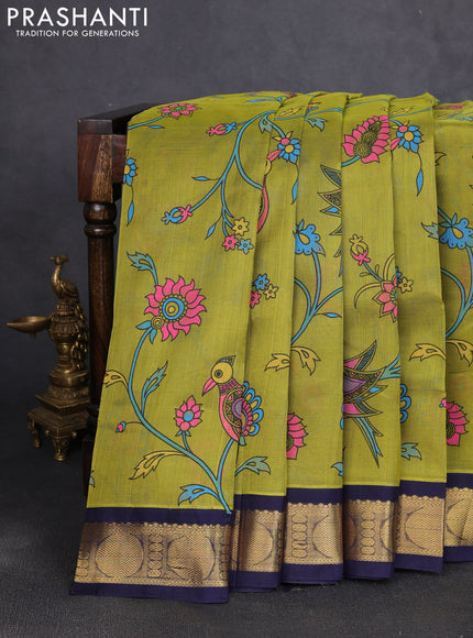 Silk cotton saree light green and navy blue with allover kalamkari prints and korvai zari woven border