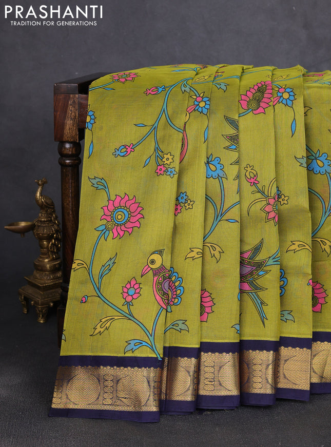 Silk cotton saree light green and navy blue with allover kalamkari prints and korvai zari woven border