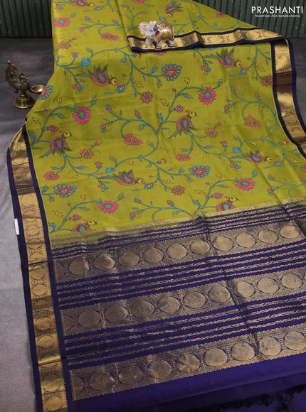 Silk cotton saree light green and navy blue with allover kalamkari prints and korvai zari woven border