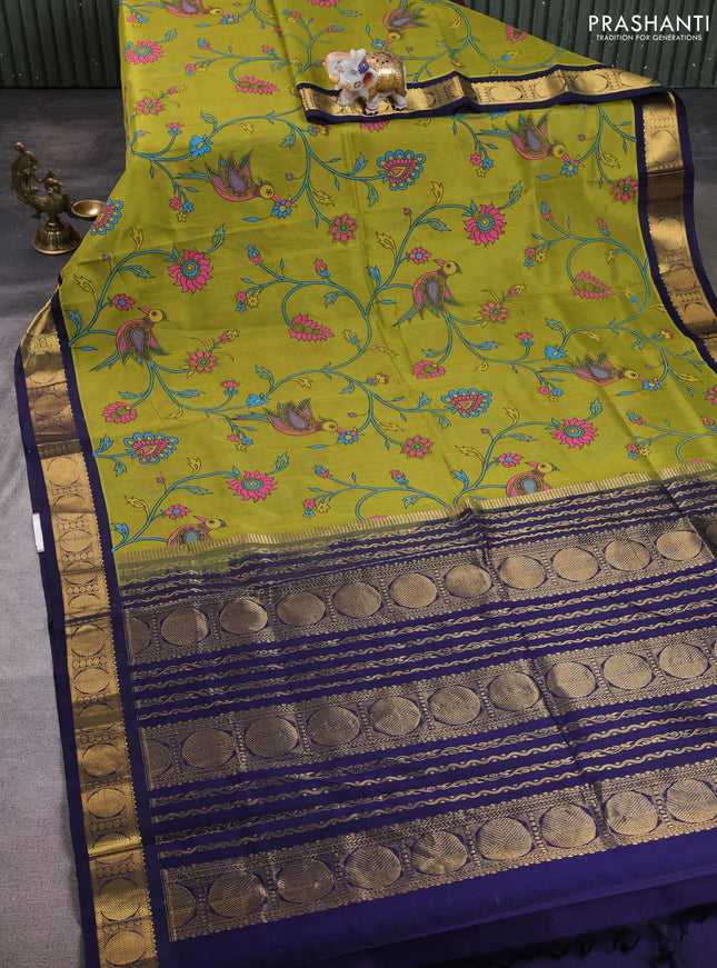 Silk cotton saree light green and navy blue with allover kalamkari prints and korvai zari woven border