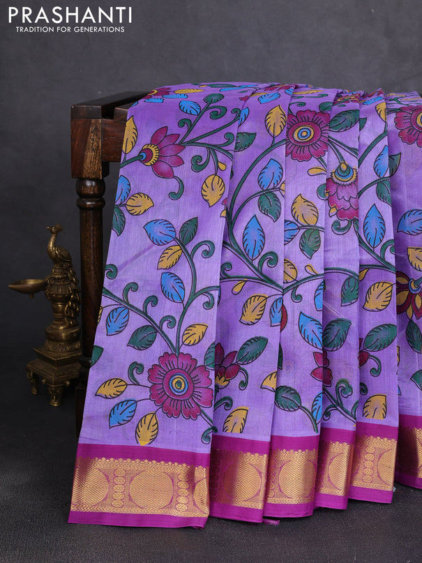 Silk cotton saree lavender and purple with allover kalamkari prints and korvai zari woven border