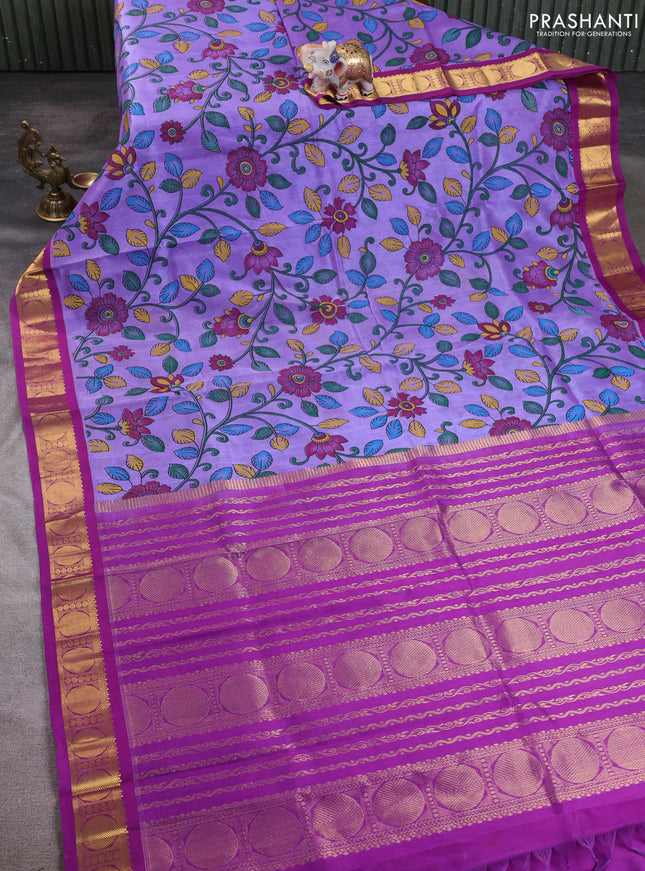 Silk cotton saree lavender and purple with allover kalamkari prints and korvai zari woven border