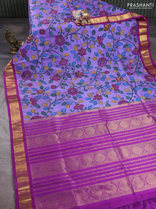 Silk cotton saree lavender and purple with allover kalamkari prints and korvai zari woven border